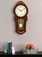 Jam Dinding Gantung Model Pendulum Jarum Tunggal Kayu dengan Angka Inggris Gaya Antik untuk Pernikahan, Dioperasikan dengan Baterai, Warna Cokelat