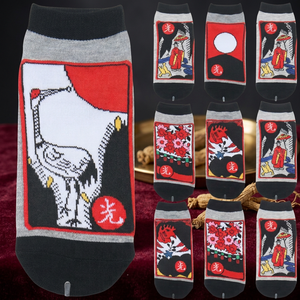 Unique Korean <b>Women's</b> Cotton Woven Elastic Breathable Thin <b>Ankle</b> <b>Socks</b> Gift Set Go-Stop Hwatu OKwang K-Culture Souvenir Flower - Product Image 1