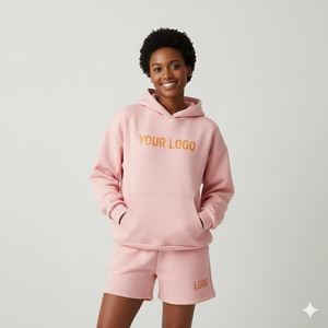 Conjunto de Sudadera con Capucha y Pantalones Cortos de Punto de Color Sólido para Invierno, Casual, Manga Larga, 100% Algodón - Product Image 3