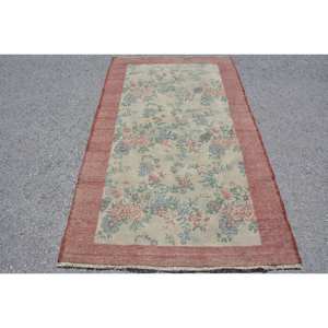 Tapis Traditionnel Vintage Turc Eco-Friendly Beige Rouge 3.8x6.4ft Laine Latex Patchwork Design pour Salle à Manger Décoration Maison - Product Image 1