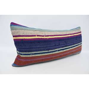 Almohada de lana a rayas vintage azul de 16x36 pulgadas, acento decorativo de estilo étnico con relleno de plumas para decoración de sofá y asiento de coche - Product Image 3