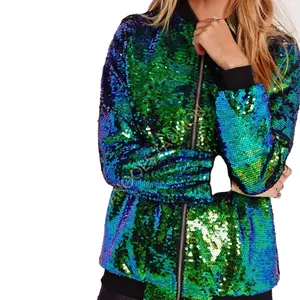 High-Quality Women's Green Sequin Jacket - Plus Size Zip-Up Glitter Bling Bomber Outerwear Women's Sequin Jacket