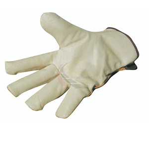PK Highest Quality Safety Driver Work Gloves Grain Leather <b>Back</b> Cow Split Leather with Brown Piping Anti-Slip 10-inch 11 oz - Product Image 3