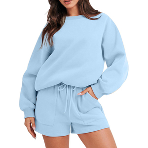 Conjuntos de sudadera de talla grande cuello redondo 100% algodón sudadera pantalones cortos conjunto en blanco personalizado mujeres chándal conjunto con logotipo - Product Image 5