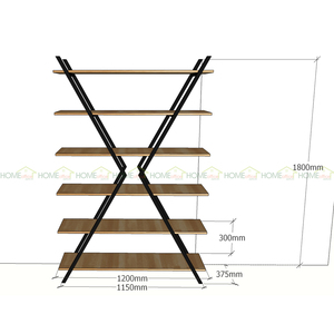 KS68035 Estante de Hierro en Forma de X de 6 Niveles con Parte Superior de Madera, Estantes Decorativos y Unidades de Almacenamiento de 120x37x180cm para Sala de Estar - Product Image 5