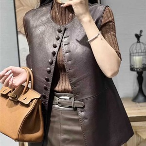 Nueva fábrica de moda de las mujeres Chaleco de cuero sin mangas de color sólido liso Chaleco de cuero genuino personalizado - Product Image 6