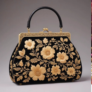 Elegant black frame bag with sophisticated golden wheat embroidery. Available at wholesale prices. - Product Image 1
