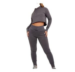 Survêtement deux pièces uni en molleton de coton 100%, coupe ajustée, impression personnalisée, pullover, survêtements de sport pour femmes - Product Image 6