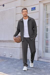 ชุดวอร์มลำลองผู้ชายสีเทาเข้ม 2 ชิ้น ชุดกีฬาแบบมีซิปเต็มตัว ชุดวิ่งออกกำลังกายลายแจ็คการ์ด แจ็คเก็ตและกางเกงแฟชั่น - Product Image 5