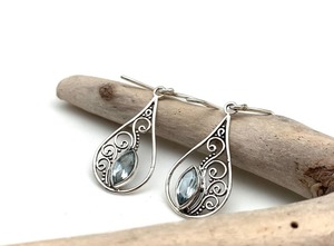 Boucles d'oreilles pendantes classiques pour femmes, style bohème, argent sterling 925, pierre précieuse topaze bleue, fabrication artisanale, cadeau de mariage - Product Image 3