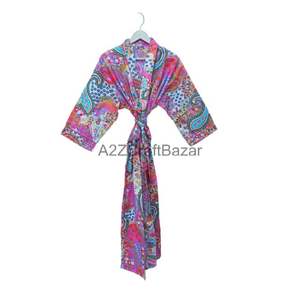 Bata Kimono de Algodón de Alta Calidad para Mujer, Manga Larga, Diseño de Estampado en Bloques, con Cinturón para Atar, para Dormir, Descansar o Usar en el Spa - Product Image 1