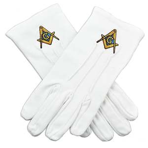 Guantes Masónicos de Algodón Blanco con Bordado de Compás y Cuadrado Azul y Amarillo para Uso Diario y al Aire Libre - Product Image 1
