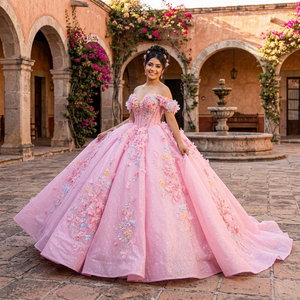 1543 Glitter Sweetheart Floral Print Beading Crystal Embroidery <b>Appliques</b> Natural Floor-Length Party 15 Anos XV Quinceanera - Product Image 1