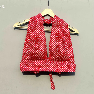 <b>Red</b> Lehariya Knitted <b>Top</b> with <b>Halter</b> Neck Sleeveless and Back Knot Short Length Embroidery Hollow Out - Product Image 1