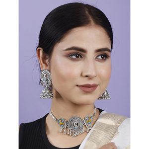 GS Peacock <b>Choker</b> with Turquoise SkyBlue Flower and Yellow for Party Occasions - Product Image 2