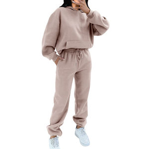 Couleur unie femmes survêtement Street Wear deux pièces ensemble Jogging costume décontracté 100% coton course pleine longueur dames survêtement - Product Image 4