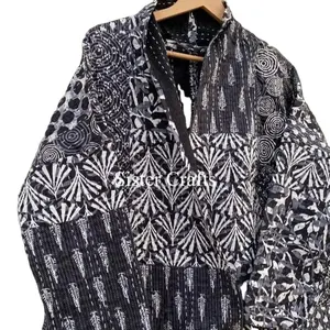 Indian Handmade Kantha Quilt Short Jacket Kimono Women Wear Grey Color Hand Block Print Front Open Quilted Jacket Stylish Coat