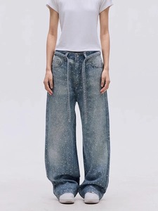 2025 nuevos Pantalones rectos de diseño Premium para mujer de alta calidad con decoraciones de volantes de encaje con lazo estampado de piedra 3D - Product Image 2