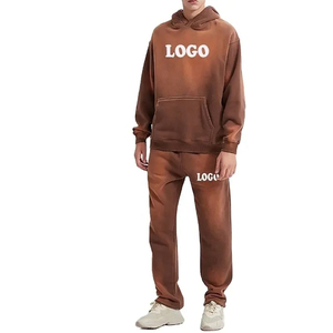 Custom Acid Wash Pullover Tracksuits for men 500 GSM Distress Embroidery men <b>Hoodie</b> Sweatpants Oversized Unisex 2 Piece Sets - Product Image 1