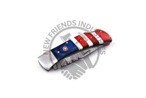 Customizable Folding Pocket <b>Knife</b> American Flag <b>Handle</b> Damascus Steel Back Lock Wood Camel <b>Bone</b> Steel Bolsters ODM Personalized - Product Image 5