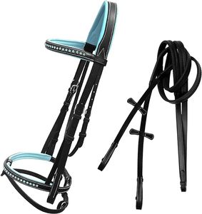Pro Bling Bridle on & Snaffle Noseband con Baby Blue Soft Padded Leather Jumping Flash Bridle & Rubber Reins - Product Image 4