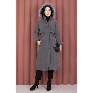 Manteau Nova avec capuche en fourrure coupe-vent et fermeture éclair gris foncé pour l'hiver - Product Image 1