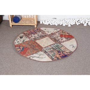 Alfombra turca Vintage de 3,4x3,4 pies, Alfombra de lana tejida plana roja y Beige con respaldo de látex para decoraciones de sala de estar - Product Image 1