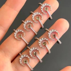 Adjustable Moldavite Ring Elegant Spiritual Style Faceted Moon Design <b>Crafted</b> in Sterling Silver for Weddings - Product Image 2