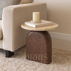 Table d'appoint avec plateau en marbre travertin et base en bois, plateau en marbre, style moderne, meubles de chambre à coucher pour hôtel, salon, appartement - Product Image 4