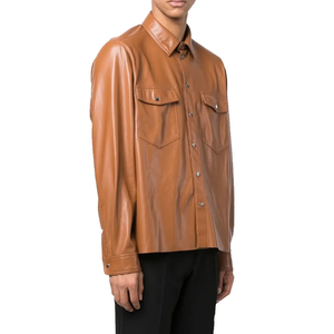 Impermeable Último diseño Buena calidad Hombres Camisa de cuero Manga larga Ropa al aire libre Color sólido Tamaño regular Hombres Camisa de cuero - Product Image 2