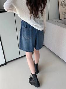 Shorts en jean sport taille haute élastique pour femme grande taille, respirant, séchage rapide, cargo, 100 % coton, design tendance, uni, teint, avec logo - Product Image 5