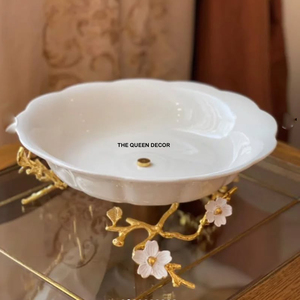 Branch Gold Flower With Gold Metal Base Fancy Decorative <b>Bowl</b> Wooden Natural Finished Fruit <b>Bowl</b> Metal - Product Image 6
