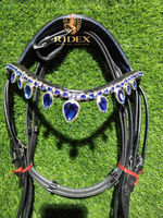 Bride de cheval de dressage de haute qualité en cuir souple rembourrage bleu et bande de sourcils en cristal avec rênes Web emballage personnalisé ..