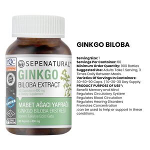 Sepenatural 90 Comprimés d'Extrait de Feuilles de Ginkgo Biloba Biologique de Qualité Alimentaire Culture Sauvage Certifié GMP Marque Privée OEM - Product Image 2