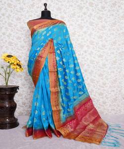 ผ้าส่าหรีผ้าจอร์เจียแบบดั้งเดิมสำหรับงานแต่งงานงานปักสวยงามและพิมพ์ลายแฟนซีสำหรับผู้หญิงดูเป็นพิเศษ - Product Image 1