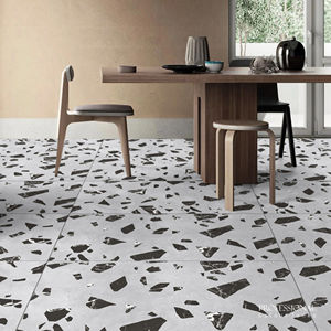 Azulejos de Porcelana Esmaltada con Aspecto de Terrazo Plateado FLORI, Superficie Tallada - Product Image 1