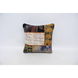 Coussin Kantha en laine multicolore patchwork 16x16 pouces, motif vintage tissé, écologique, antidérapant, amovible - Product Image 1
