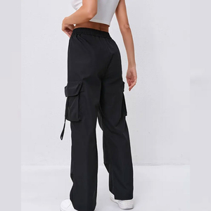 Pantalones Cargo de Mezclilla de Cintura Alta con Múltiples Bolsillos, Lavado Negro, Frente Plano, para Mujer, Transpirables, con Cierre de Cordón, para Invierno - Product Image 5