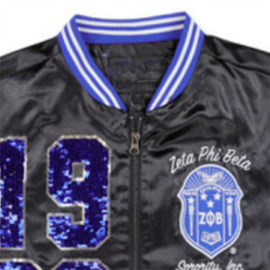 Veste à paillettes ZPB-Noir | Veste Zeta Phi Beta 100% polyester avec logo d'équipe brodé sur le devant | Vêtements grecs élégants - Product Image 3