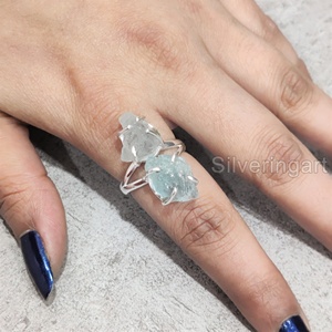 Exportation de bijoux en pierre brute bague pour femme aigue-marine naturelle pierre brute pierre de naissance de mars double pierre bague en argent sterling 925 - Product Image 2