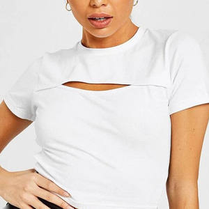 Top corto de verano informal de moda transpirable de algodón 100% con cuello redondo de manga corta de ajuste Regular de Color personalizado para mujer - Product Image 1