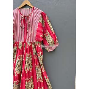 Vestido midi de algodón con estampado de tigre rojo y lazo bohemio, elegante vestido de oficina. - Product Image 3