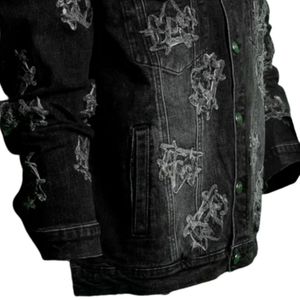 Veste en jean noire pour homme, design délavé, fermeture à boutons, manches longues, style urbain décontracté, vêtement extérieur en jean - Product Image 6
