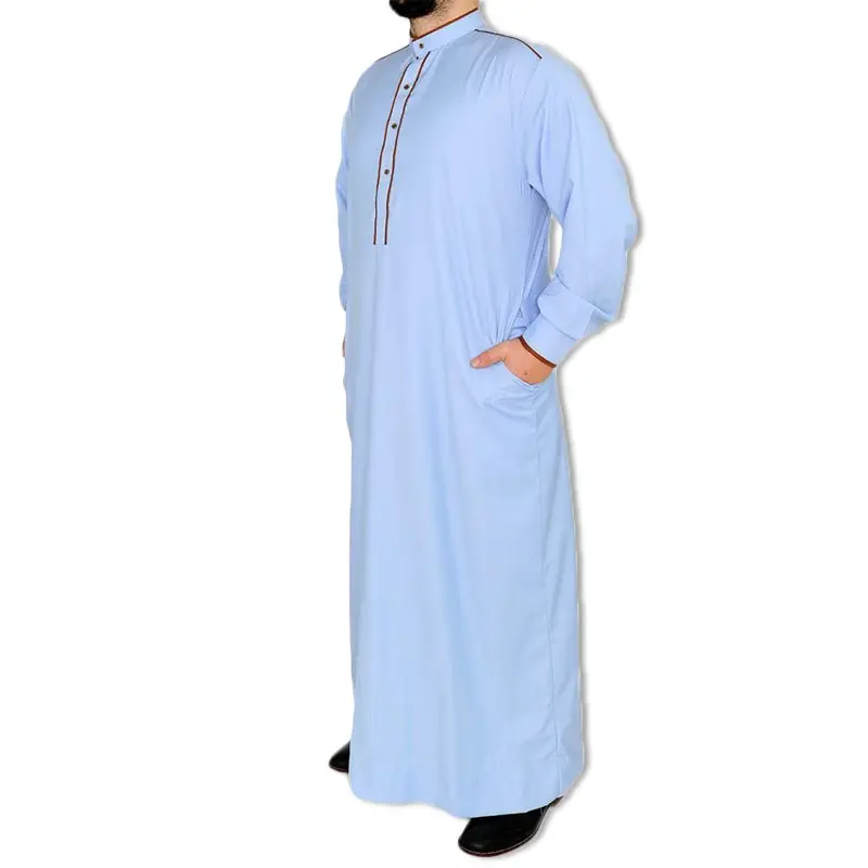 Men's Designer Islamic Jubbah Thobe In blue Color Over Black line In shoulder With Outline at Ban and strip