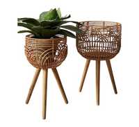 Dalam ruangan luar ruangan pot dekoratif penanam anyaman rotan anyaman taman balkon dekorasi rumah penanam bunga anyaman dengan kaki dudukan kayu
