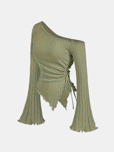 Haut asymétrique à une épaule en maille à manches lanternes, grande taille, couleur unie, design froncé, pour adolescentes, broderie décontractée 100% - Product Image 6