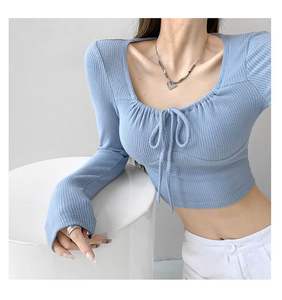 Tops cortos con cordón para mujer, primavera Otoño, nuevo estilo, Camiseta ajustada de manga larga con cuello cuadrado para chicas adolescentes, ropa de moda - Product Image 2