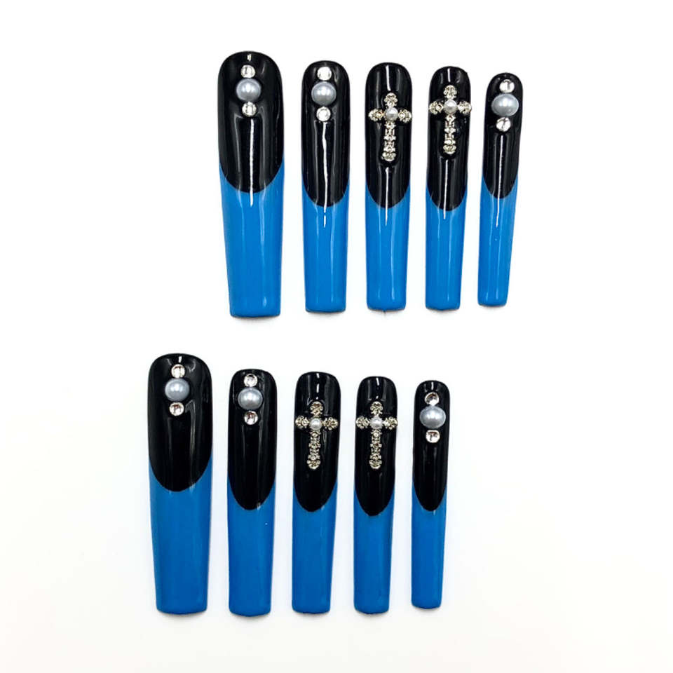 Luxury Long Coffin Nails Blue Black Chic Aura Press-On Set with Glue Fashionable Square Design Reusable for Finger Application