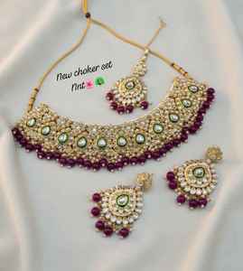 Ensemble de collier ras du cou de mariée ethnique plaqué or Kundan, perles de zircon, alliage, émail vert, bijoux de mode pour fiançailles/fêtes - Product Image 1