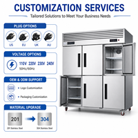 Kulkas Freezer 6 Pintu 1560L Dua Suhu Pendingin Kipas Stainless Steel untuk Restoran
